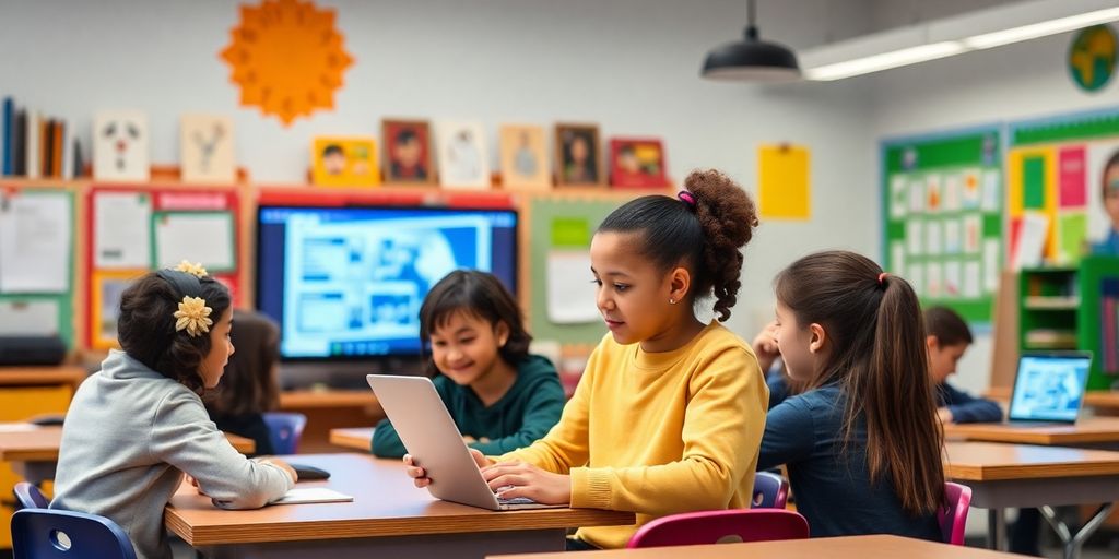 Ruang kelas yang cerah dengan siswa berkolaborasi.